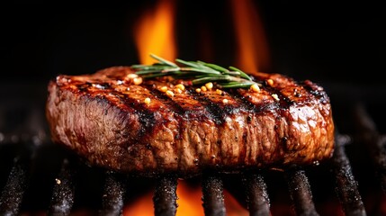 A deliciously grilled steak garnished with fresh rosemary, presenting a mouth-watering view of culinary perfection and the art of barbecuing that stimulates the senses.