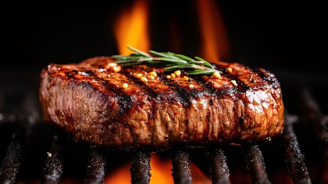 A deliciously grilled steak garnished with fresh rosemary, presenting a mouth-watering view of culinary perfection and the art of barbecuing that stimulates the senses. - Powered by Adobe