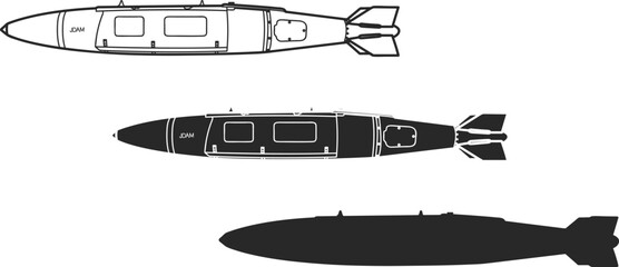 JDAM guided bomb icon set in three versions, line, isolation, silhouette in black.