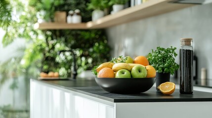 A bowl filled with vibrant, fresh fruit sits in a sunlit kitchen, symbolizing health, vitality, and the beauty of nutritious living in a modern home environment.