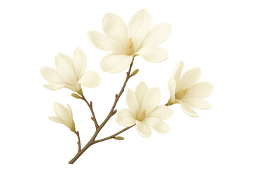 Obraz premium Magnolia branch featuring soft, delicate blossoms in full bloom, white petals spreading against clean, isolated background