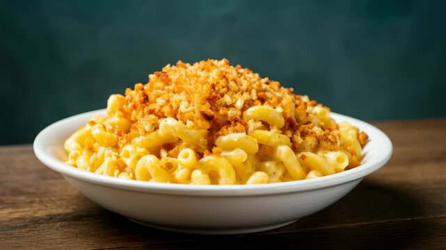 Closeup of creamy macaroni and cheese with crispy topping on wooden table