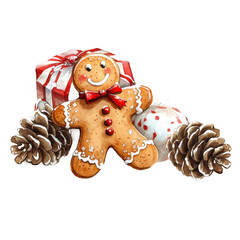 Festive gingerbread cookie with smiling face, surrounded by wrapped gifts and pinecones, evoking holiday cheer