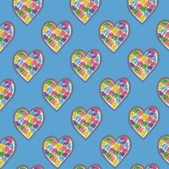 Seamless multicolor heart hand scribble texture under blue background