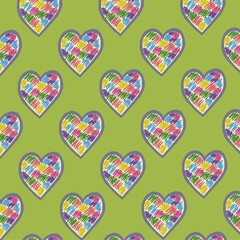 Seamless multicolor heart hand scribble texture under green background
