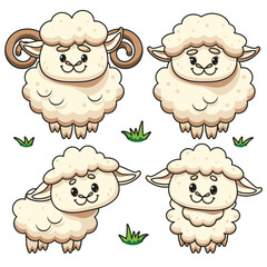 Set of Cute Cartoon Sheep and Ram. Vector Illustration
