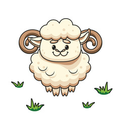 Cute Cartoon Ram on Grass. Vector Illustration