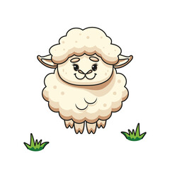Cute Cartoon Lamb on Grass. Vector Illustration