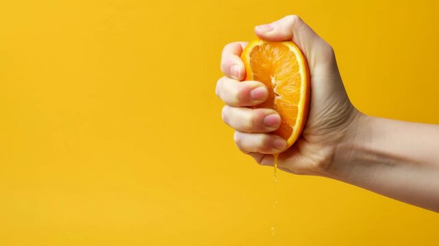 Juicy orange squeeze in hand against vibrant yellow background