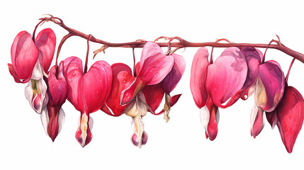 Fototapeta premium Watercolor Illustration of Bleeding Heart Flower (Lamprocapnos spectabilis) – Pink Heart-Shaped Petals with White Tips on a White Background