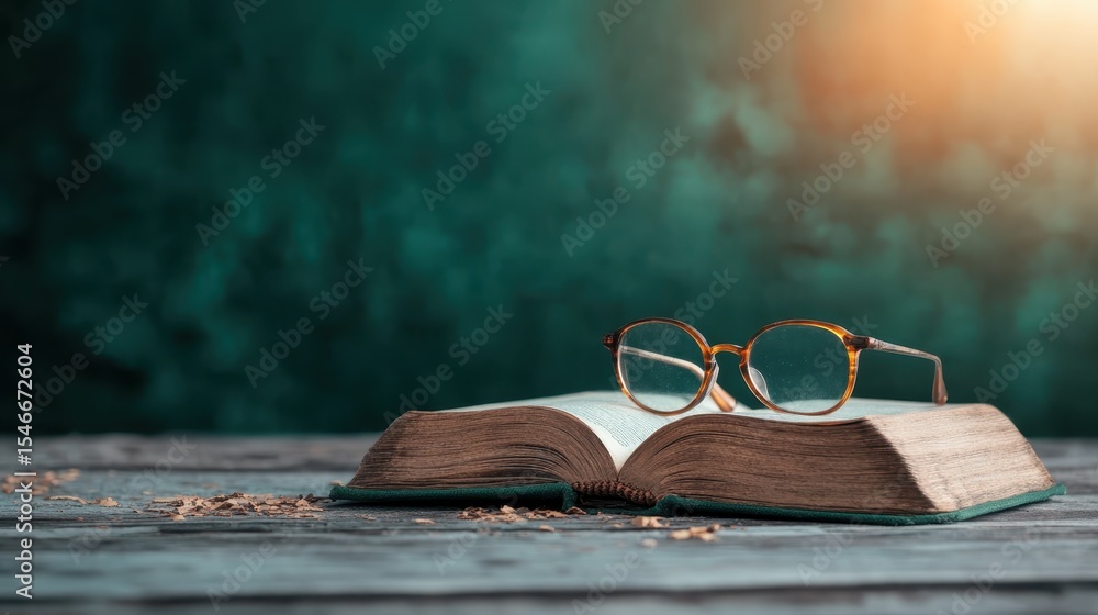 Poster an inviting scene featuring an open book resting on a rustic wooden table, complemented by stylish r