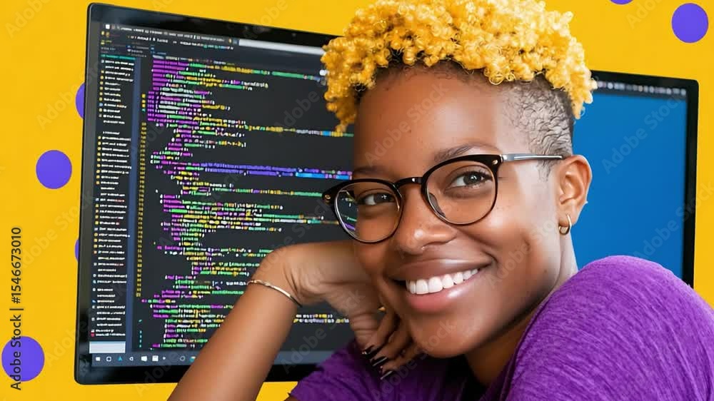 Poster young woman with stylish haircut smiling while coding on computer in vibrant workspace with colorful