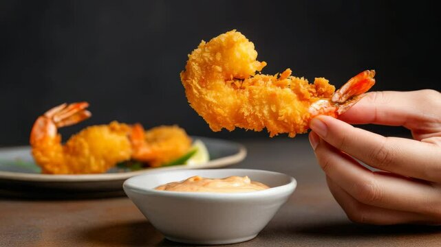Crispy shrimp being dipped into creamy sauce with delicious crumbs in motion