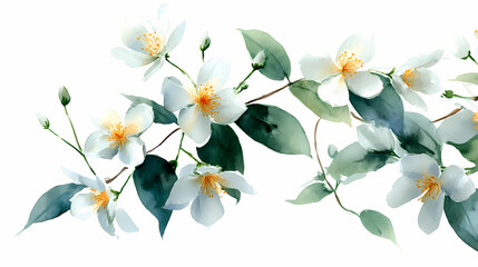 Fototapeta premium Watercolor Illustration of Blooming Jasmine – Delicate White Blossoms on Green Stems with White Background