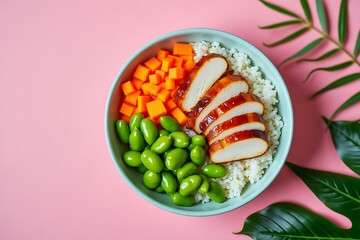 Healthy teriyaki chicken rice bowl with edamame and carrots