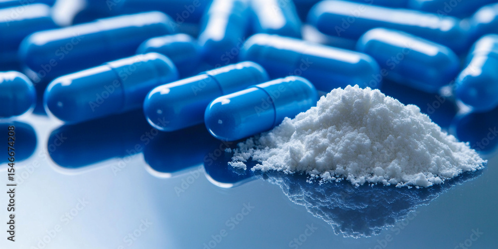 Aufkleber close-up view of blue capsules and white powder on surface generative ai
