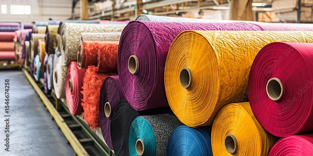 Poster colorful rolls of fabric arranged in a textile warehouse generative ai