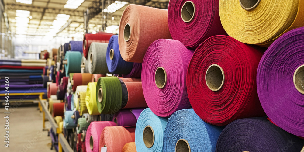 Poster colorful textile rolls arranged in a factory setting generative ai