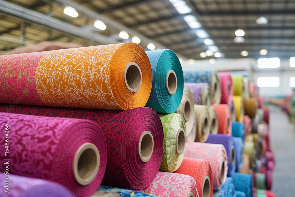 Poster colorful fabric rolls displayed in a textile warehouse generative ai