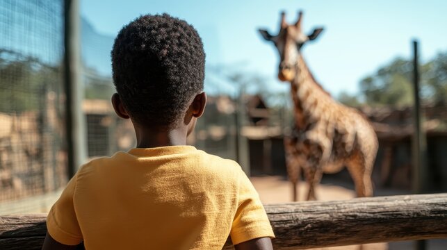 A child wearing a bright yellow shirt looks up in awe at a giraffe in a zoo, capturing the essence of childhood curiosity and the excitement of learning about animals.