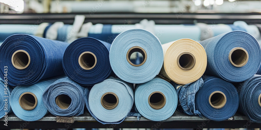 Poster fabric rolls display in a textile workshop setting generative ai