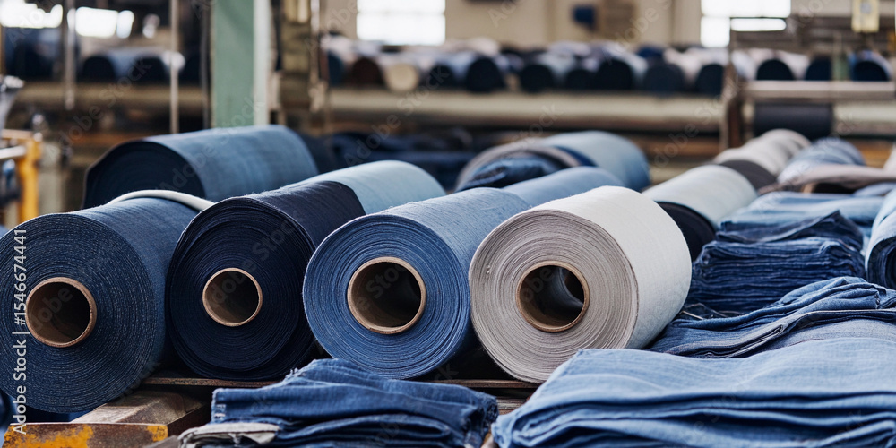 Poster fabric rolls arranged in a textile warehouse during daytime generative ai