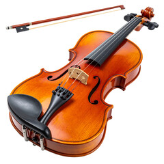 Modern Polished Violin with Bow Resting Across Strings, Transparent Background