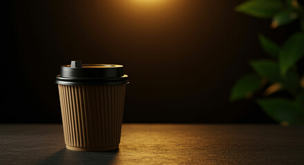 A brown paper coffee cup with a black lid on a table with a dark background and green leaves