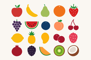 A colorful and vibrant assortment of different fruits including apples bananas grapes watermelon and more arranged in a neat grid pattern against a light background