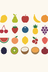 Colorful Assortment of Fruit Icons Arranged in a Grid Pattern Against a Cream Background Featuring Various Berries Citrus and Tropical Fruits in a Flat Minimalist