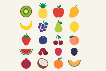 Colorful Assortment of Fruit Icons Arranged Neatly on a Cream Background Featuring Kiwi Pineapple Apple Mango Banana Grapes Pear Lemon Strawberry Blueberry Cherries Peach and