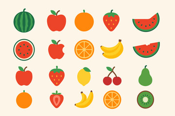 Flat Design Fruit Assortment on Cream Background Watermelon Apples Oranges Strawberries Bananas Lemon Cherries Pear and Kiwi for Healthy Eating and Nutrition Concepts collection flat