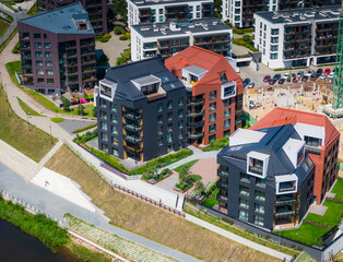 New modern residential building district Piliamiestis in Kaunas with modern facades. Aerial drone view photo.