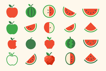Collection of Stylized Apple and Watermelon Icons A Variety of Shapes and Colors Including Whole Sliced and Bitten Apples Along with Whole and Sliced Watermelons