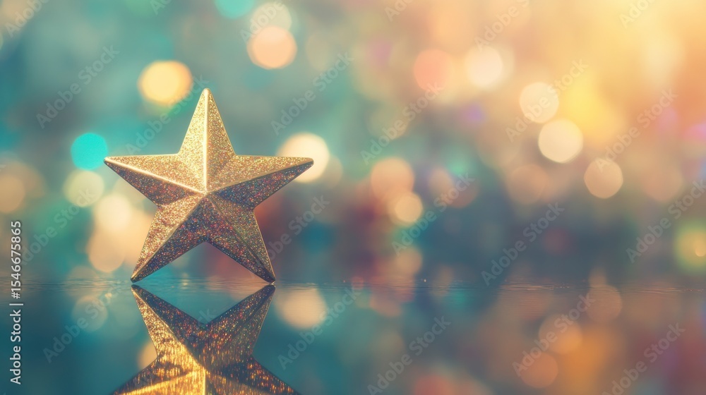 Poster gold star ornament reflecting on a shiny surface with bokeh lights in the background.