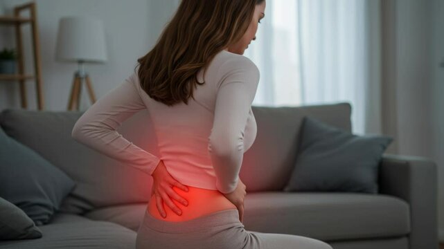 White adult female experiencing lower back pain indoors, sitting on sofa and holding inflamed lumbar area highlighted with red glow indicating discomfort.