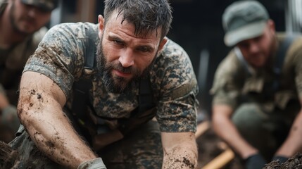 Fototapeta premium A dedicated man is seen digging in muddy terrain, showing determination and strength while engaged in hard labor outdoors, showcasing the essence of perseverance and teamwork.