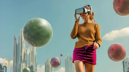 A young woman wearing VR glasses stands in the center of an oasis with floating spheres, against futuristic skyscrapers. She wears a pink skirt and a brown sweater. The sky is blue.  - Powered by Adobe