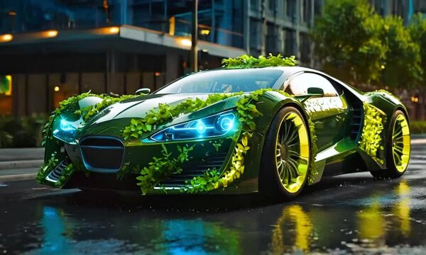 A futuristic green electric sports car with glowing green lights and greenery growing on its exterior, set against a cityscape background.