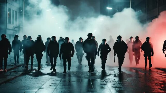 Street protest storm: fire glare, shattered glass, violent crowd, smoke swirl, riot control, angry voices, law enforcement, tense clash, emergency state, public outcry, chaotic scene