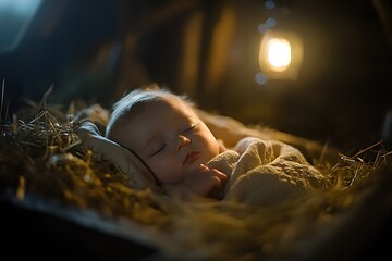 Rustic manger with baby jesus asleep