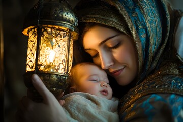 Soft glow of lantern in the nativity scene
