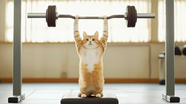 Orange and white cat standing upright, holding heavy barbell in gym setting with determined expression. Indoor fitness studio with soft lighting.