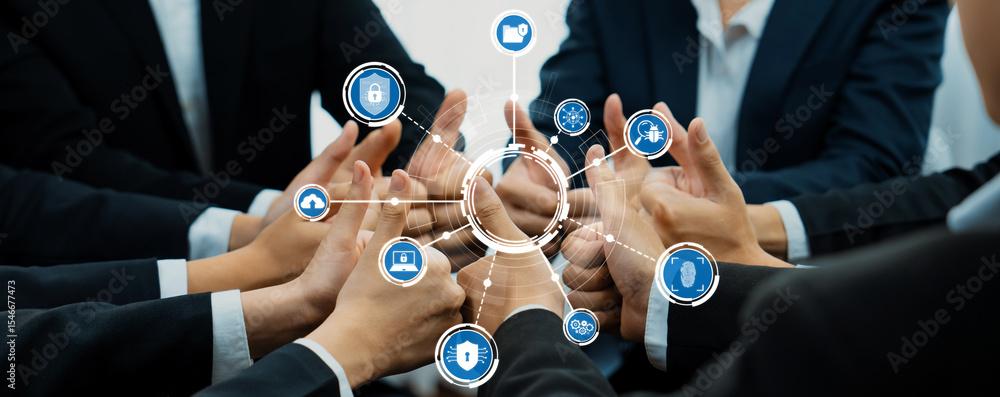 Poster a dynamic display of collaboration as business professionals engage in digital security concepts, em