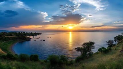 Obraz premium Panoramic photo of Lake Victoria’s sunset with fishermen casting nets