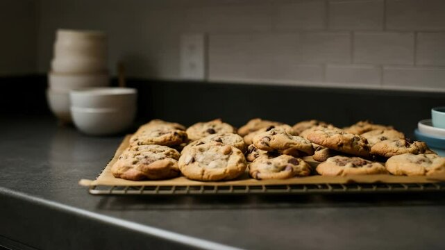 Freshly baked chocolate chip cookies cooling on kitchen counter in soft evening light