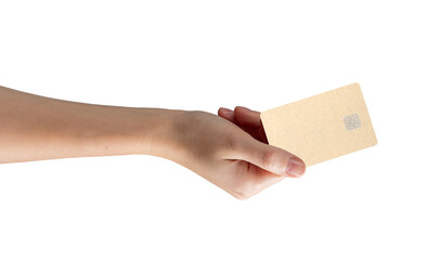 Obraz premium Card in hand, payment and finance concept. Female client holding bankcard for retail, debit or