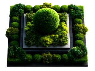 Masterplan top view of a green flower bed template, filled with ornamental shrubs and soft lawn patterns, rendered over white background, isolated to transparent background