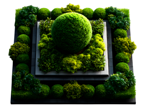 Masterplan top view of a green flower bed template, filled with ornamental shrubs and soft lawn patterns, rendered over white background, isolated to transparent background