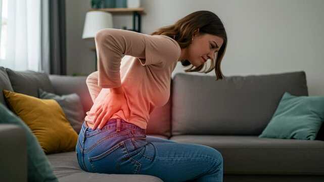 White young adult female with long brown hair experiencing lower back pain, sitting on sofa at home, pressing lower spine area with red glow indicating discomfort 